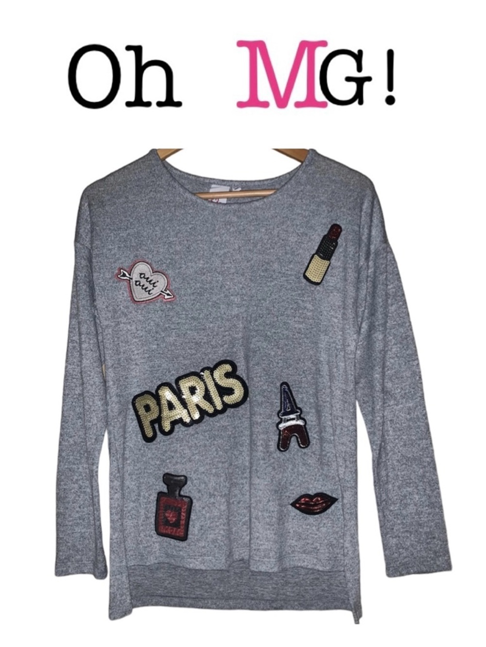 Oh MG! Gray Paris France Long Sleeve Top Sequins Appliqué Beauty Women’s Large